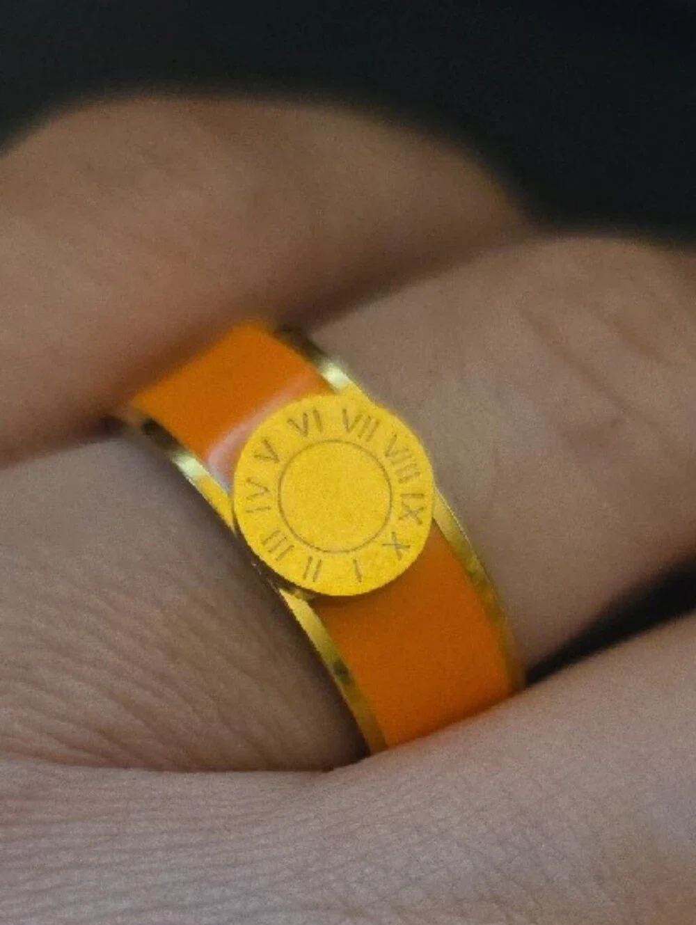 Gold-Tone Orange Enamel Ring with Roman Numeral Medallion Size 6 NIP